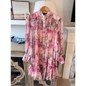 Alex Marie Lana Floral Print Long Puffed Sleeve Mock Neck Tiered Hem Dress Size